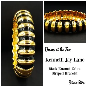 Kenneth Jay Lane Bracelet Designer Vintage Black Enamel and Gold Zebra Striped