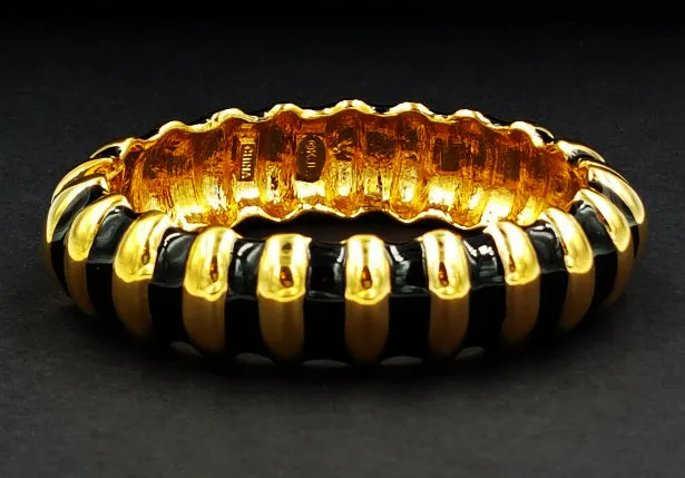 Kenneth Jay Lane Bracelet Designer Vintage Black Enamel and Gold Zebra Striped