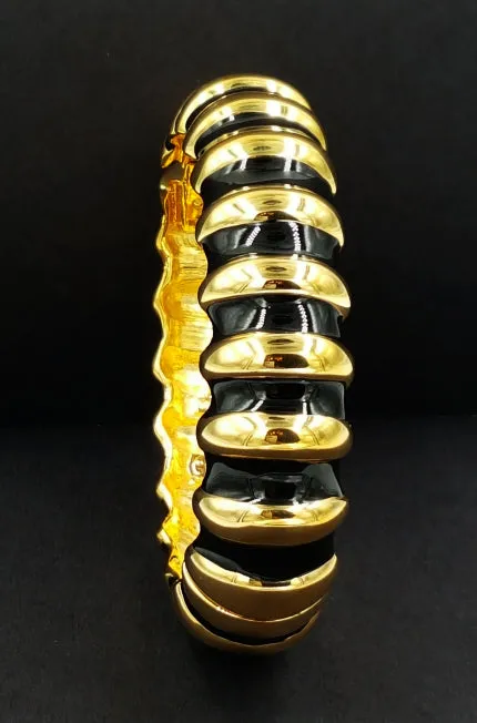 Kenneth Jay Lane Bracelet Designer Vintage Black Enamel and Gold Zebra Striped