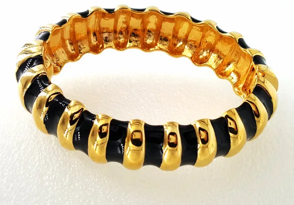 Kenneth Jay Lane Bracelet Designer Vintage Black Enamel and Gold Zebra Striped