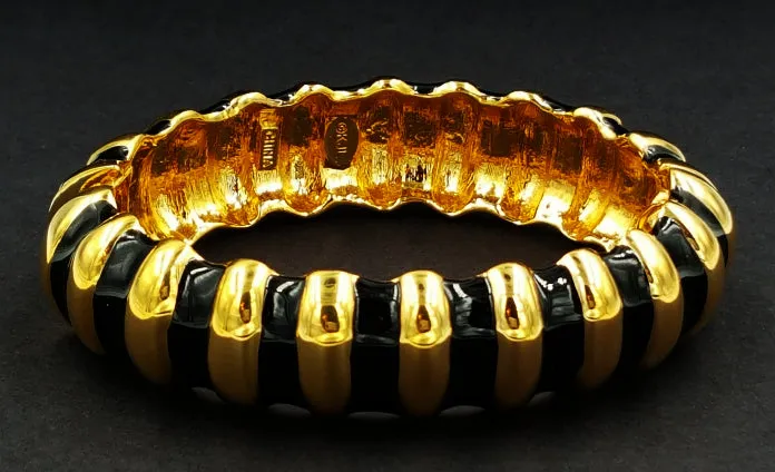 Kenneth Jay Lane Bracelet Designer Vintage Black Enamel and Gold Zebra Striped