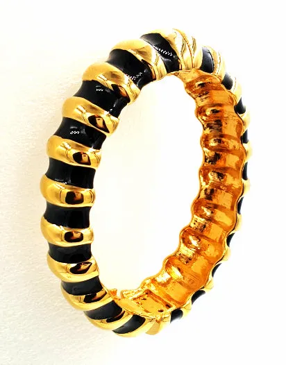 Kenneth Jay Lane Bracelet Designer Vintage Black Enamel and Gold Zebra Striped