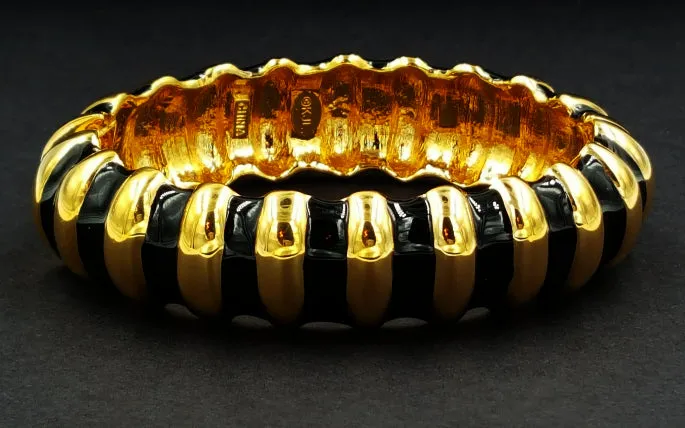 Kenneth Jay Lane Bracelet Designer Vintage Black Enamel and Gold Zebra Striped