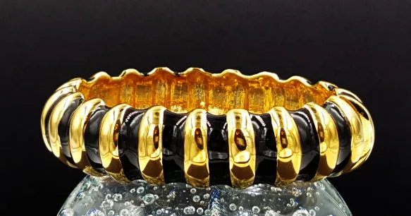 Kenneth Jay Lane Bracelet Designer Vintage Black Enamel and Gold Zebra Striped