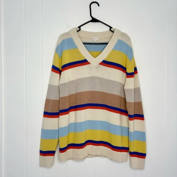 Kule Striped Dale Sweater Merino Wool Cotton V-neck Preppy Women’s Size Large