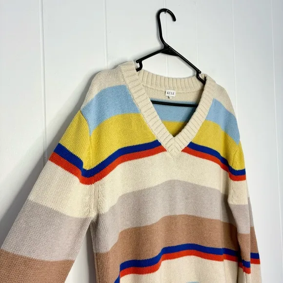 Kule Striped Dale Sweater Merino Wool Cotton V-neck Preppy Women’s Size Large