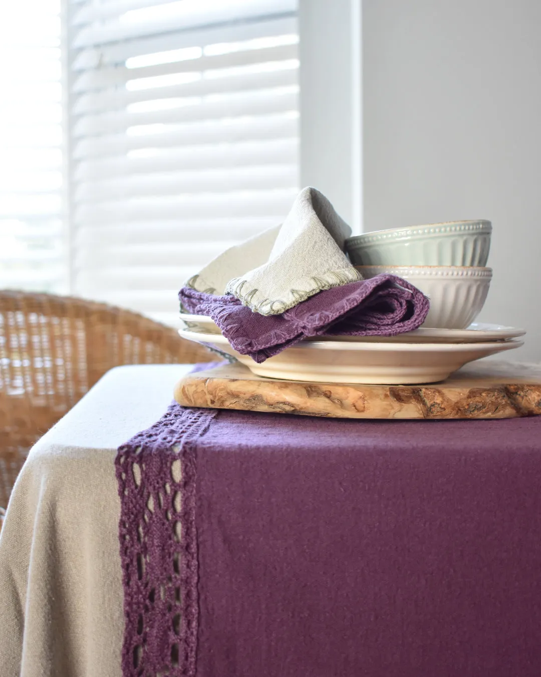 Lace Trim Washed Cotton Tablecloth