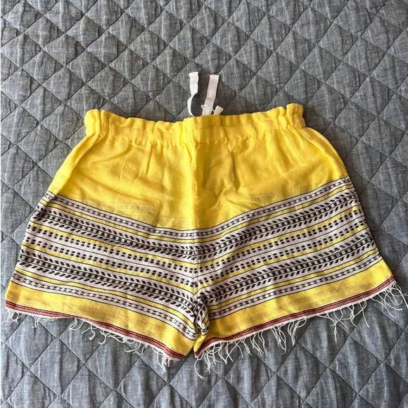 Lemlem Amore Pull On Cotton Blend Drawstring Shorts in Yellow Sz Small