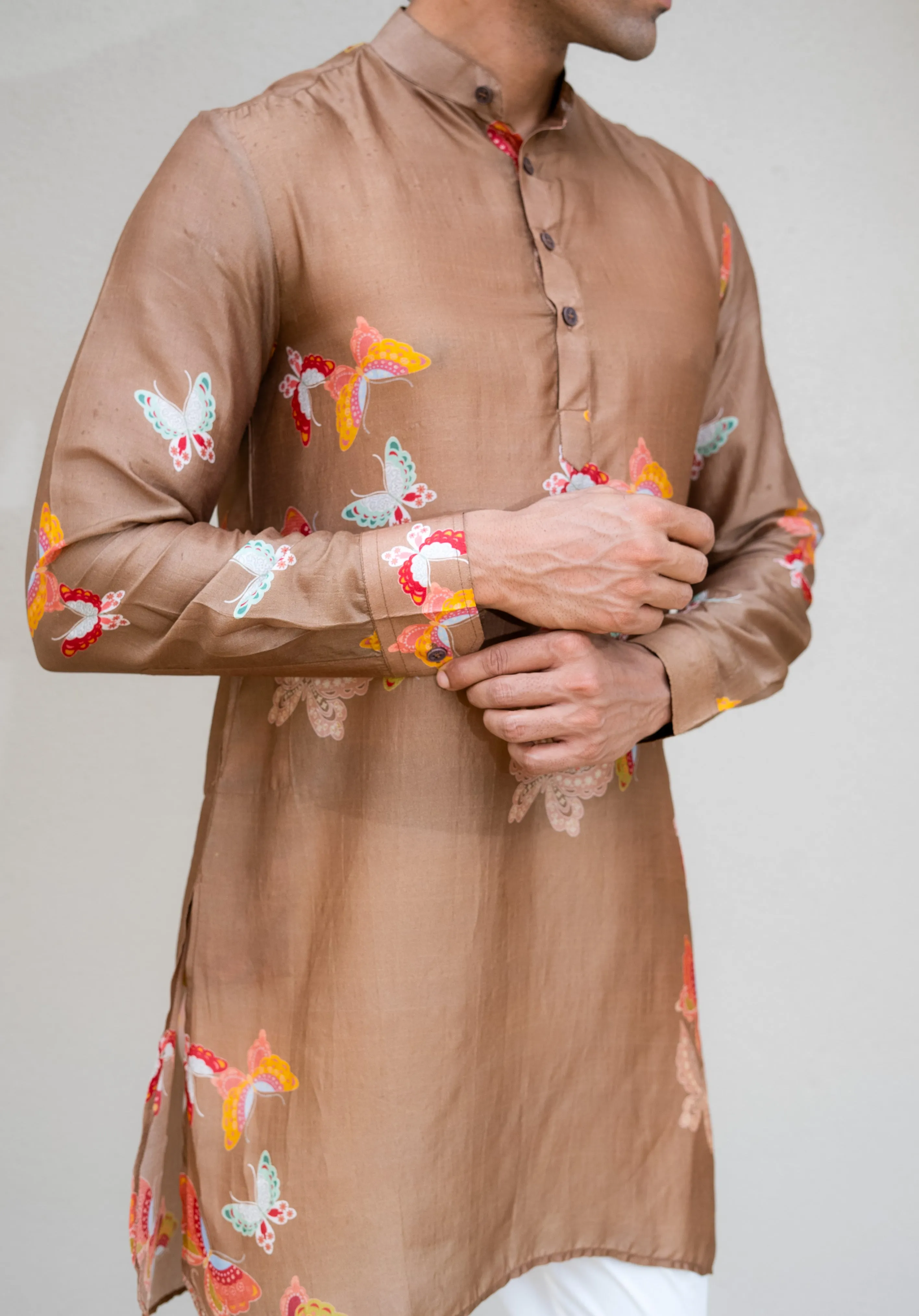Light Brown Butterfly Printed Kurta