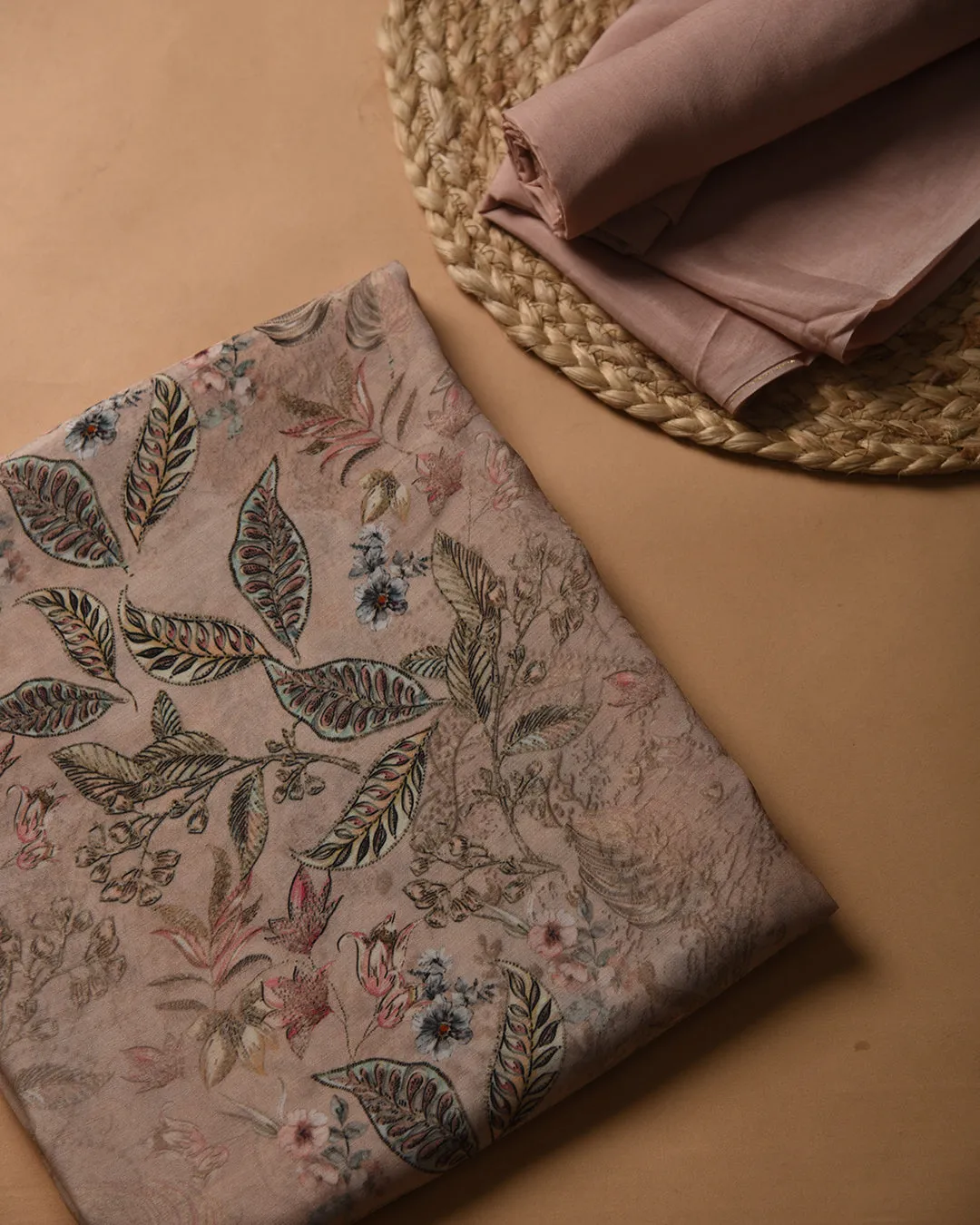 Light Pink Muslin Silk Blend Printed Unstitched Co-ord Set Fabric With Muslin Bottom Fabric