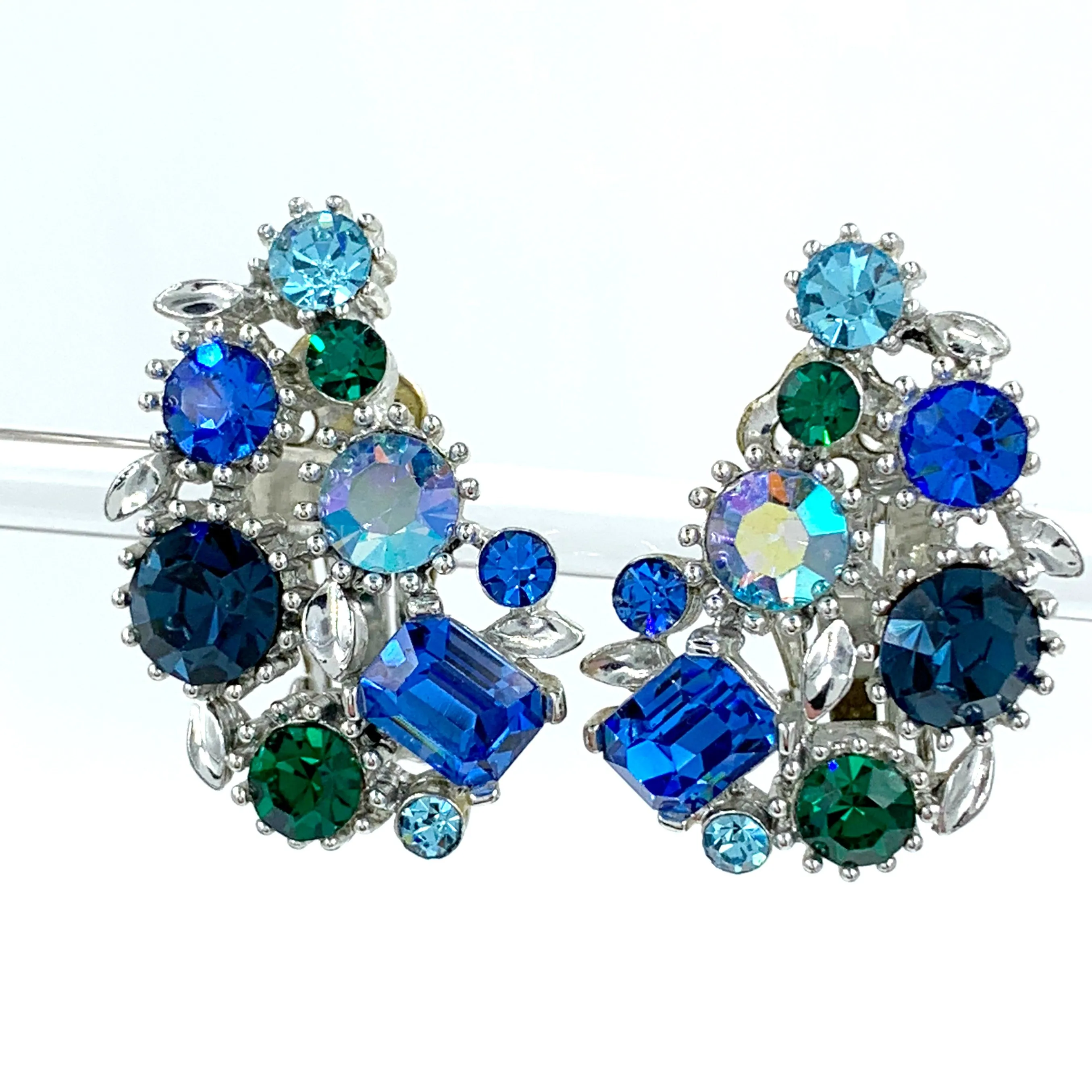 Lisner Vintage Rhinestone Earrings in Peacock Blues and Greens