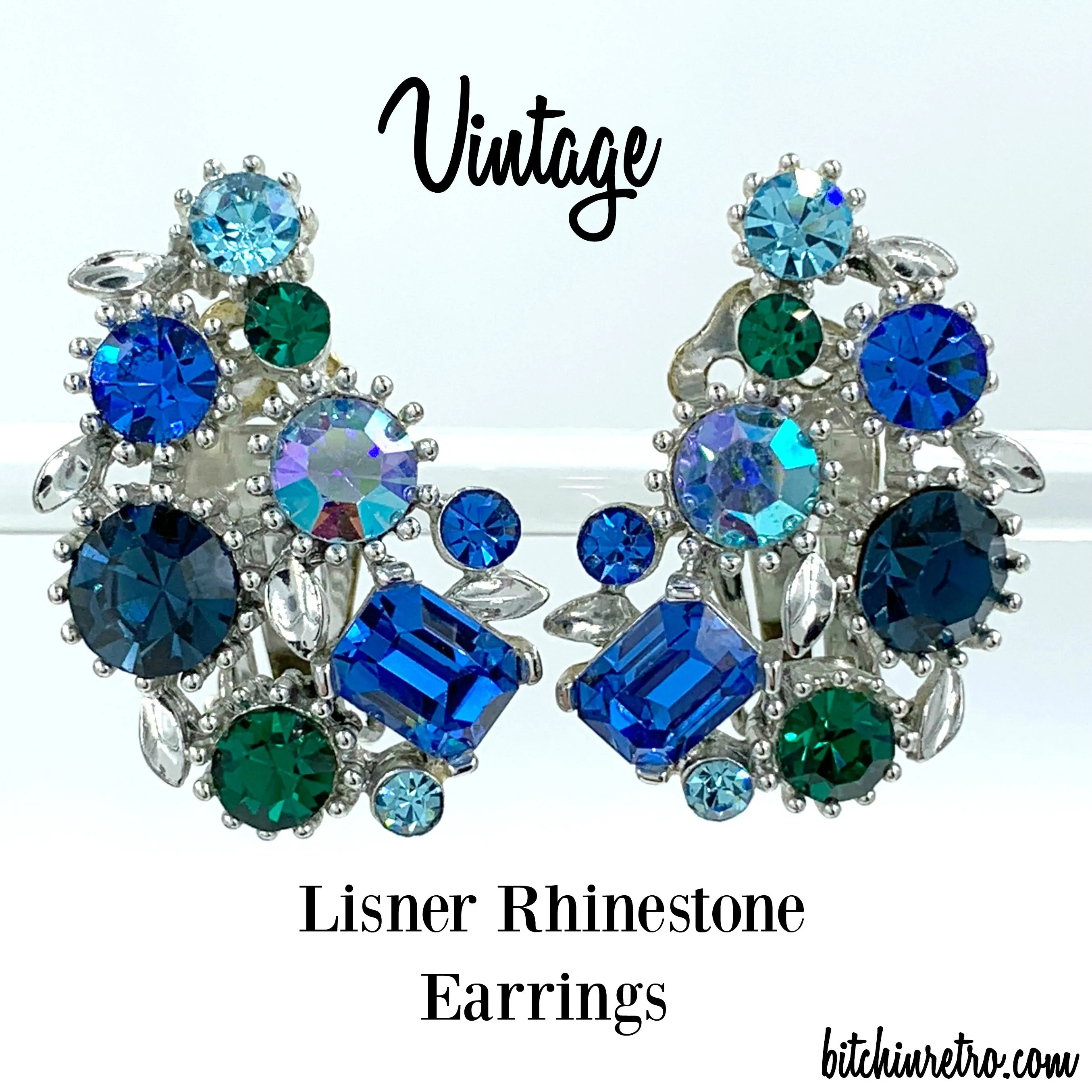 Lisner Vintage Rhinestone Earrings in Peacock Blues and Greens