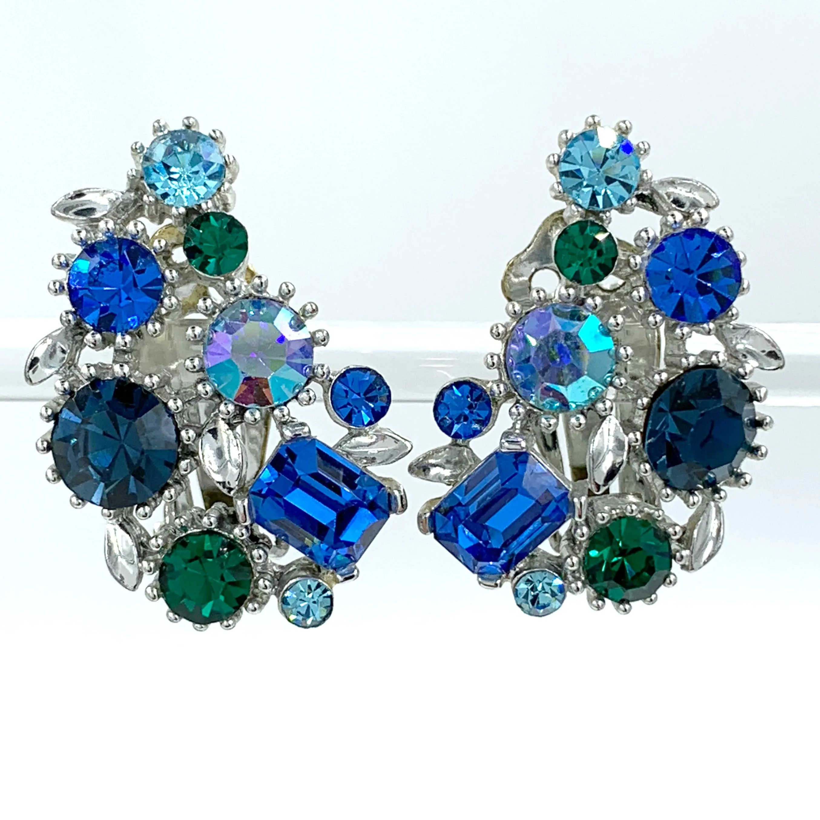 Lisner Vintage Rhinestone Earrings in Peacock Blues and Greens