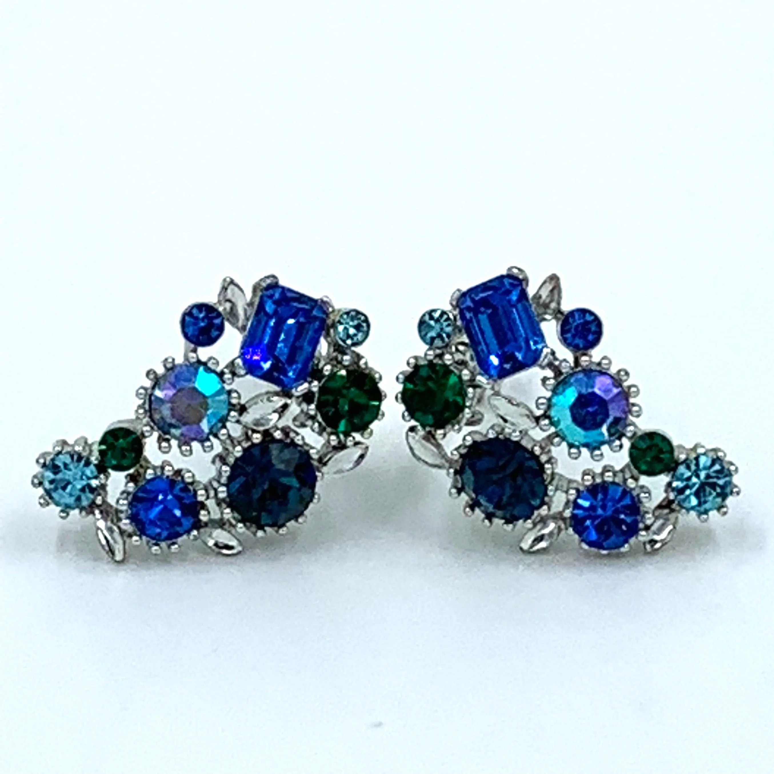 Lisner Vintage Rhinestone Earrings in Peacock Blues and Greens