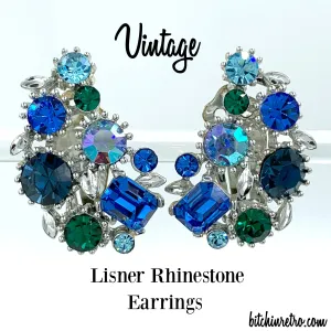 Lisner Vintage Rhinestone Earrings in Peacock Blues and Greens
