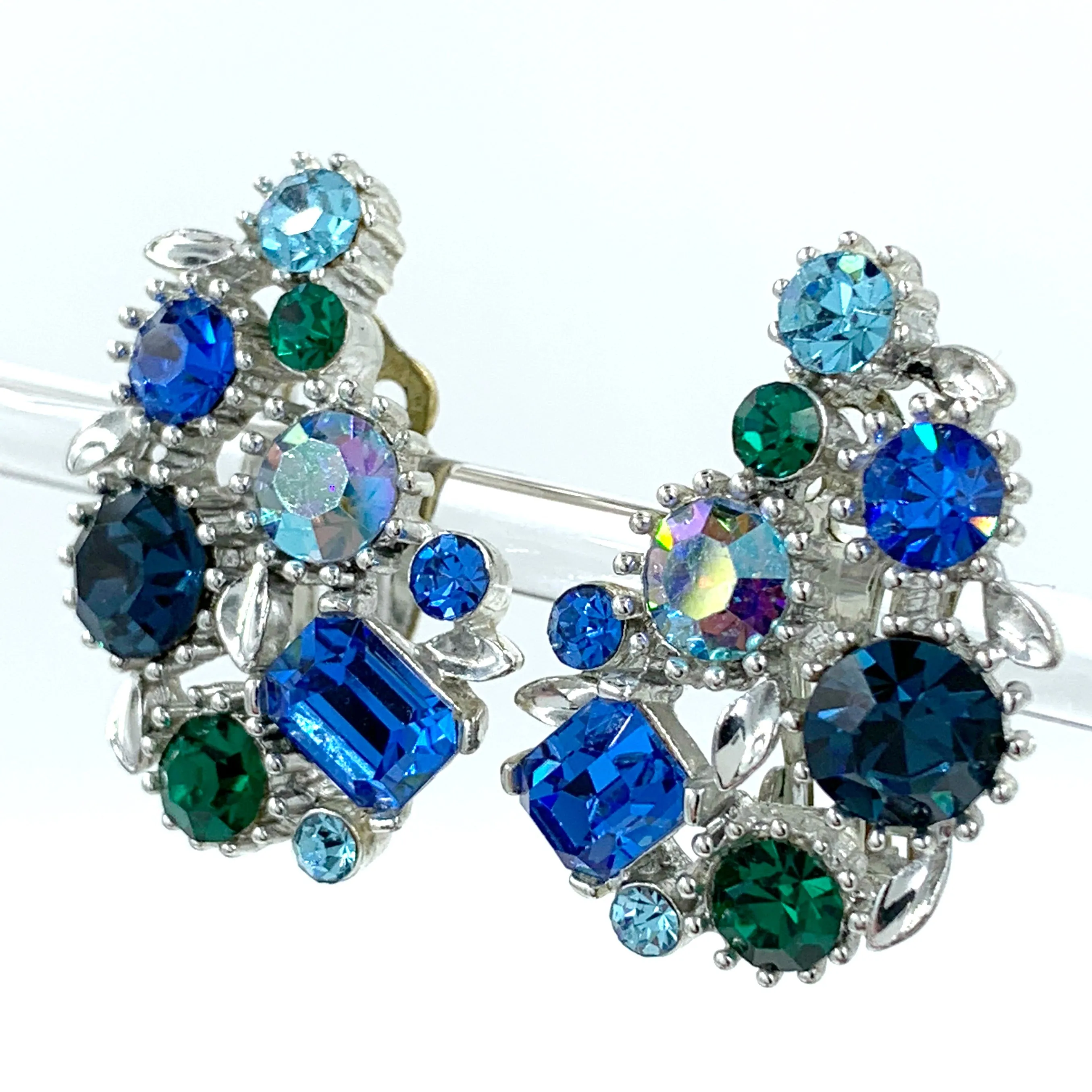 Lisner Vintage Rhinestone Earrings in Peacock Blues and Greens