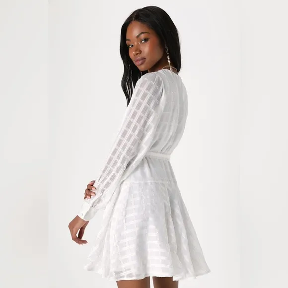 Lulus Adorable Impulse White Lurex Burnout Wrap Mini Dress