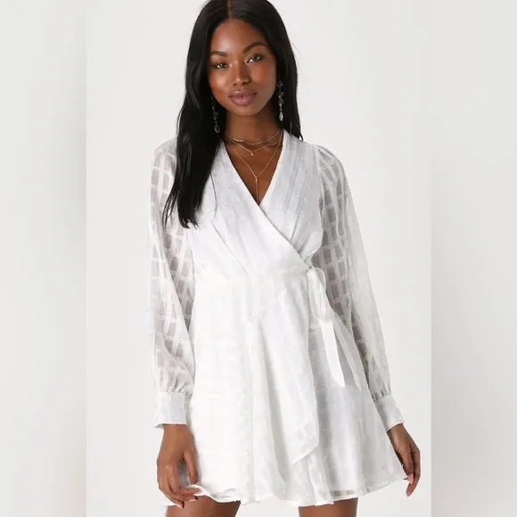 Lulus Adorable Impulse White Lurex Burnout Wrap Mini Dress