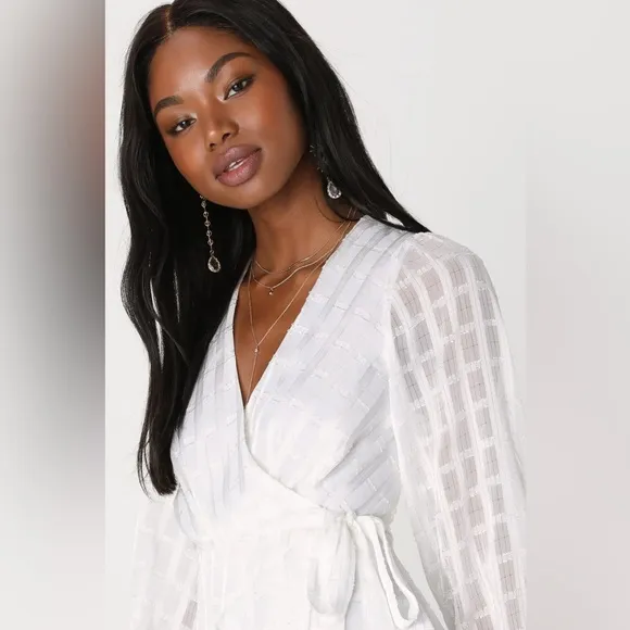 Lulus Adorable Impulse White Lurex Burnout Wrap Mini Dress