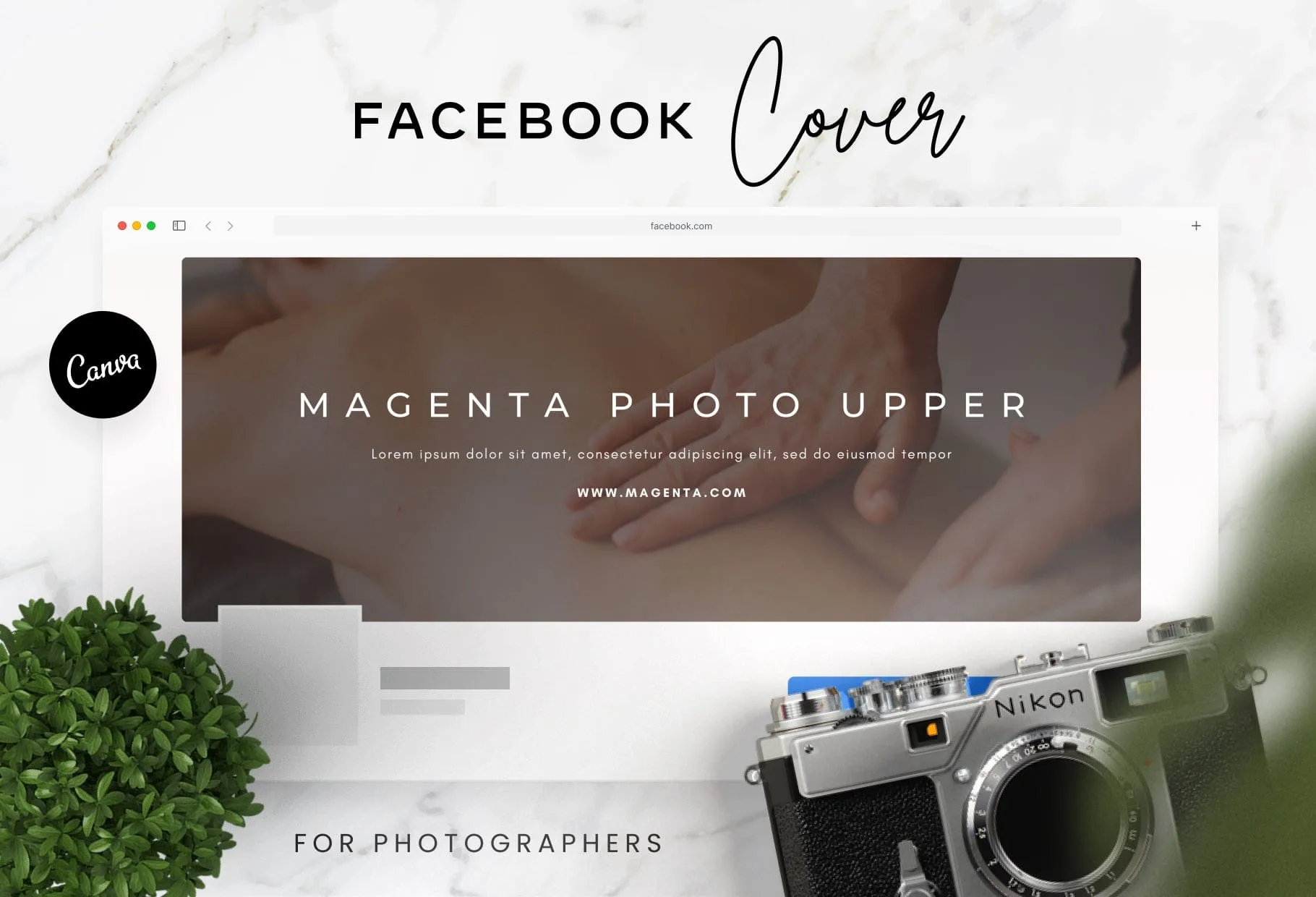 Magenta Photo Upper Facebook Cover for Photographers Editable Canva Template