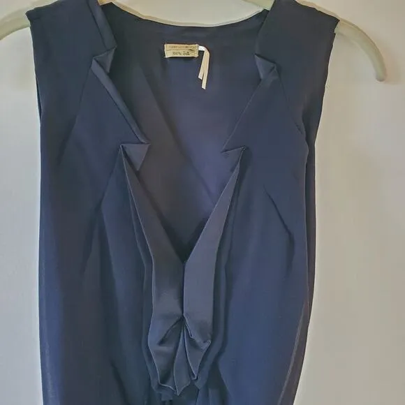 Max Studio Black Silk &amp; Satin Sleeveless V Neck Belted Mini Dress Preppy Luxury