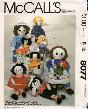 McCall's 8077 Childrens Raggedy Ann & Andy Rag Dolls & Clothing in 4 Sizes 1980s Vintage Sewing Pattern UNCUT Factory Folded