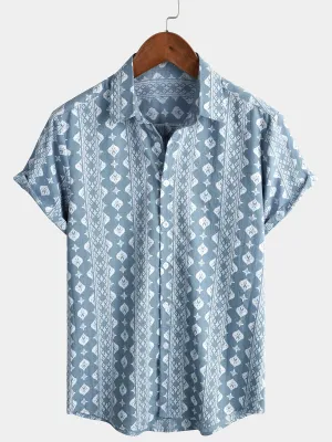 Men's Blue Cotton Retro Button Up Striped Vintage Summer Short Sleeve Shirt