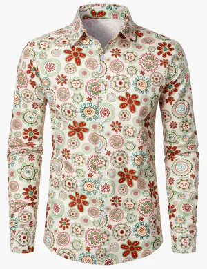 Men's Retro 70S Floral Print Cotton Button Up Long Sleeve Shirt