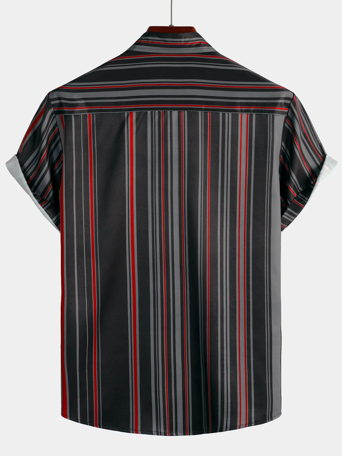 Men's Retro Black And Red Vertical Striped Pocket Vintage 70s Short Sleeve Shirt