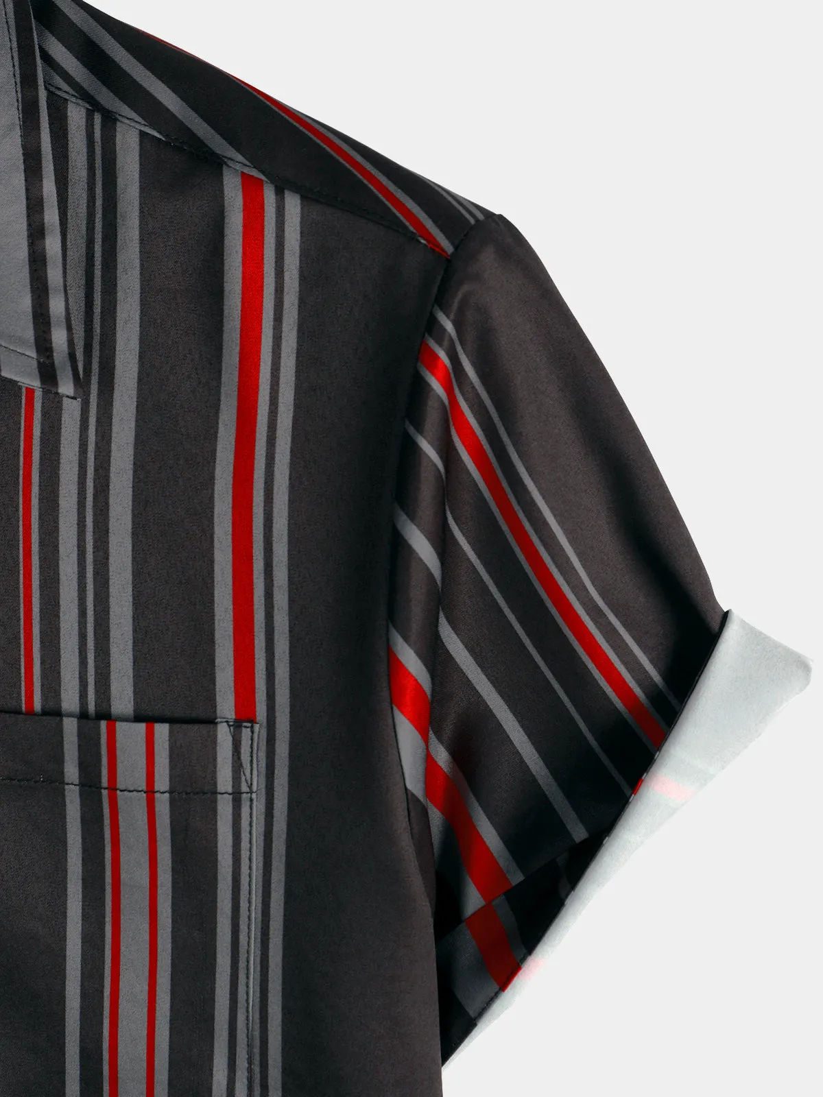 Men's Retro Black And Red Vertical Striped Pocket Vintage 70s Short Sleeve Shirt