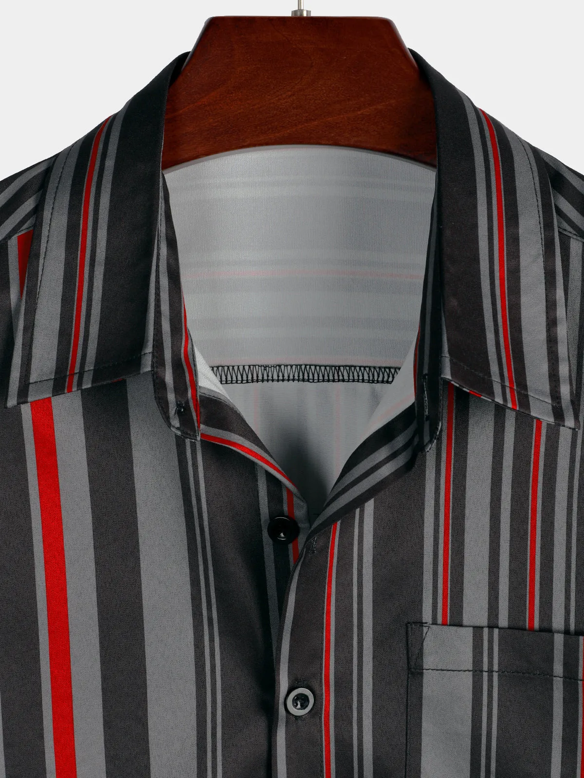Men's Retro Black And Red Vertical Striped Pocket Vintage 70s Short Sleeve Shirt