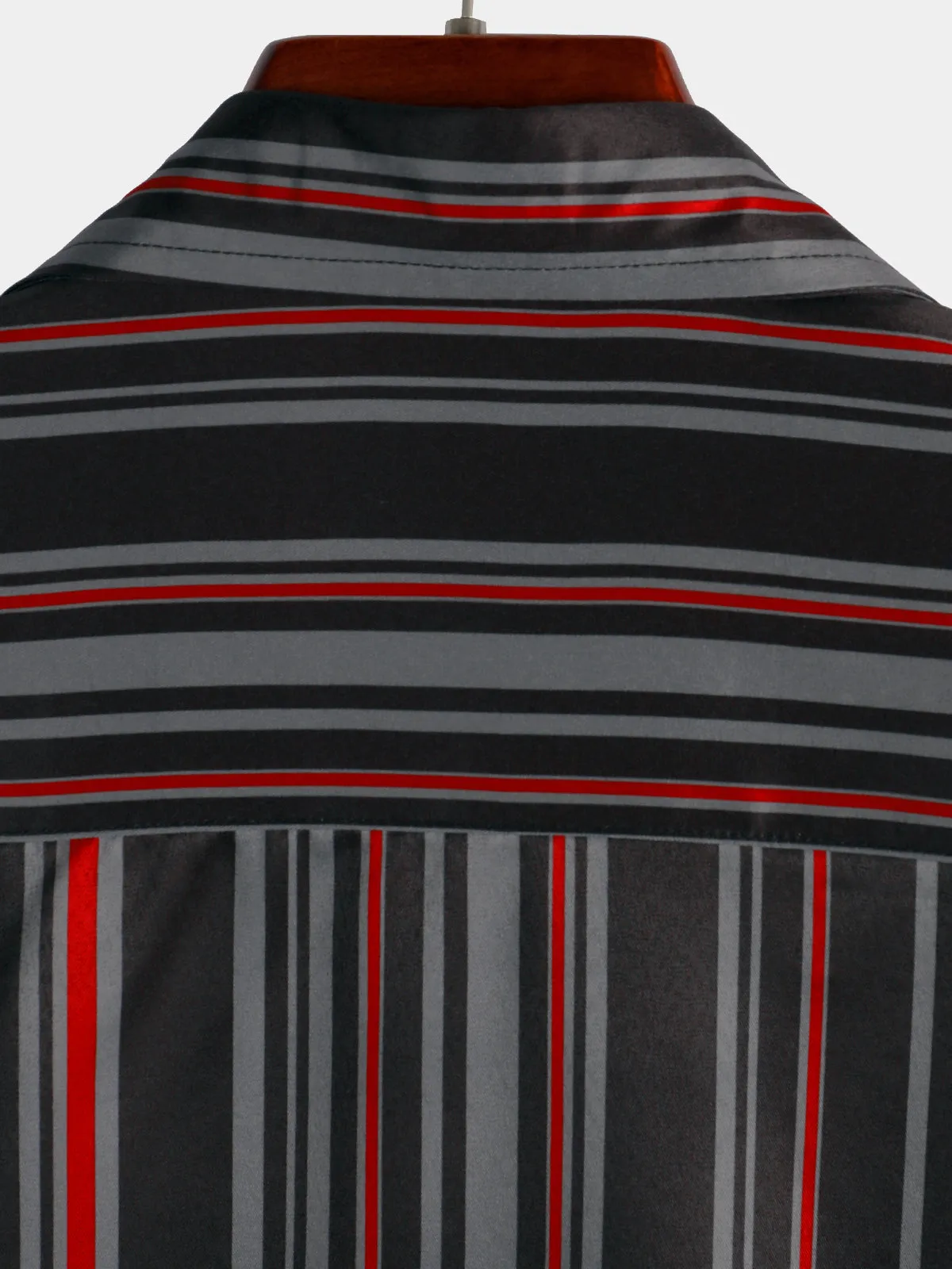Men's Retro Black And Red Vertical Striped Pocket Vintage 70s Short Sleeve Shirt