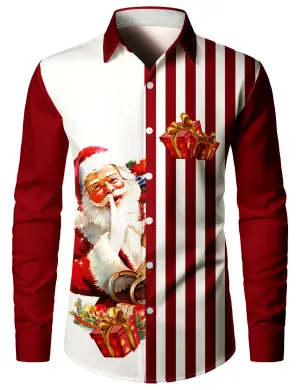 Men's Retro Red Striped And Santa Claus Christmas Long Sleeve Shirt