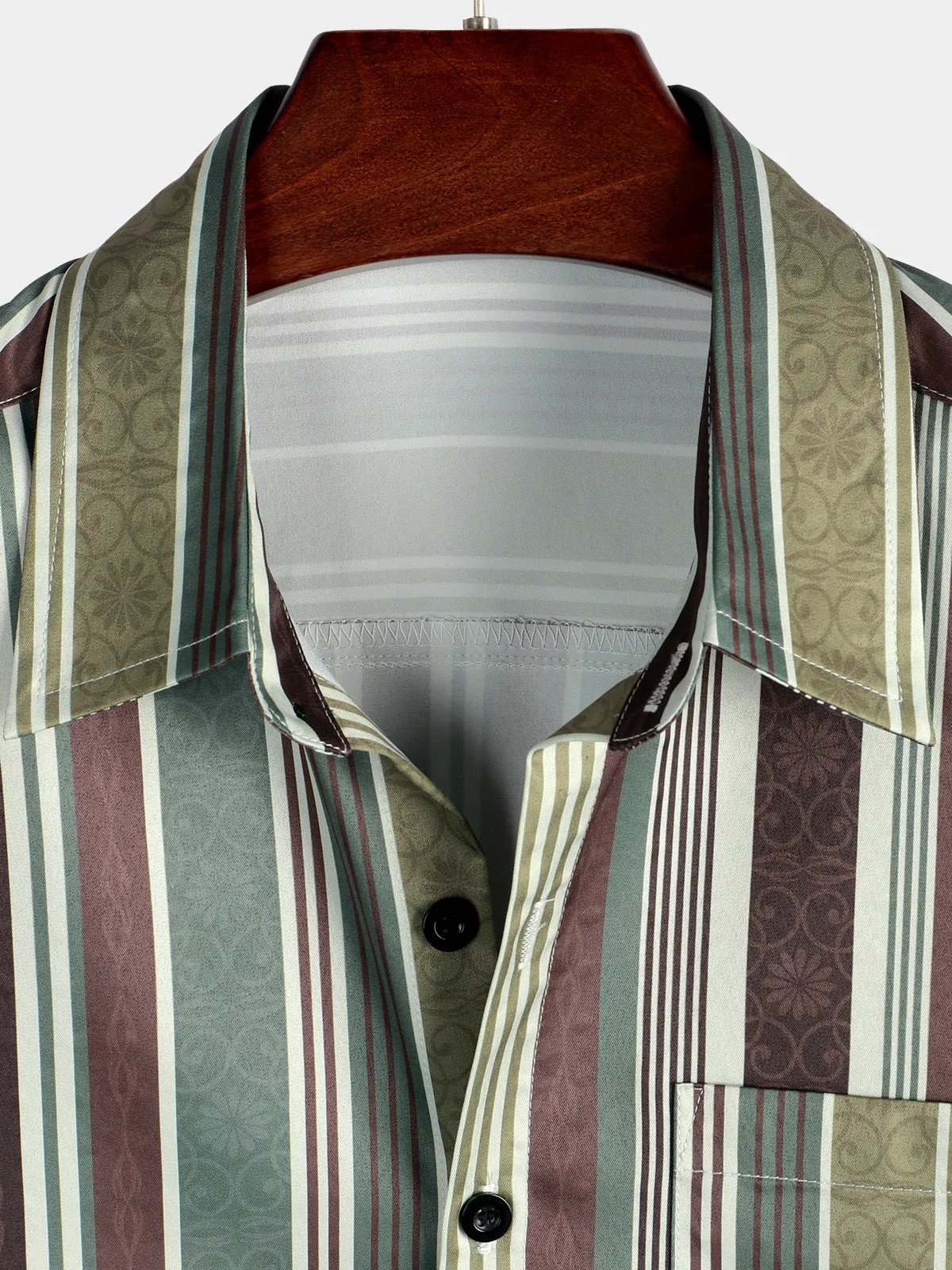 Men's Vintage Green And Brown Vertical Striped Button Up Pocket Short Sleeve Shirt
