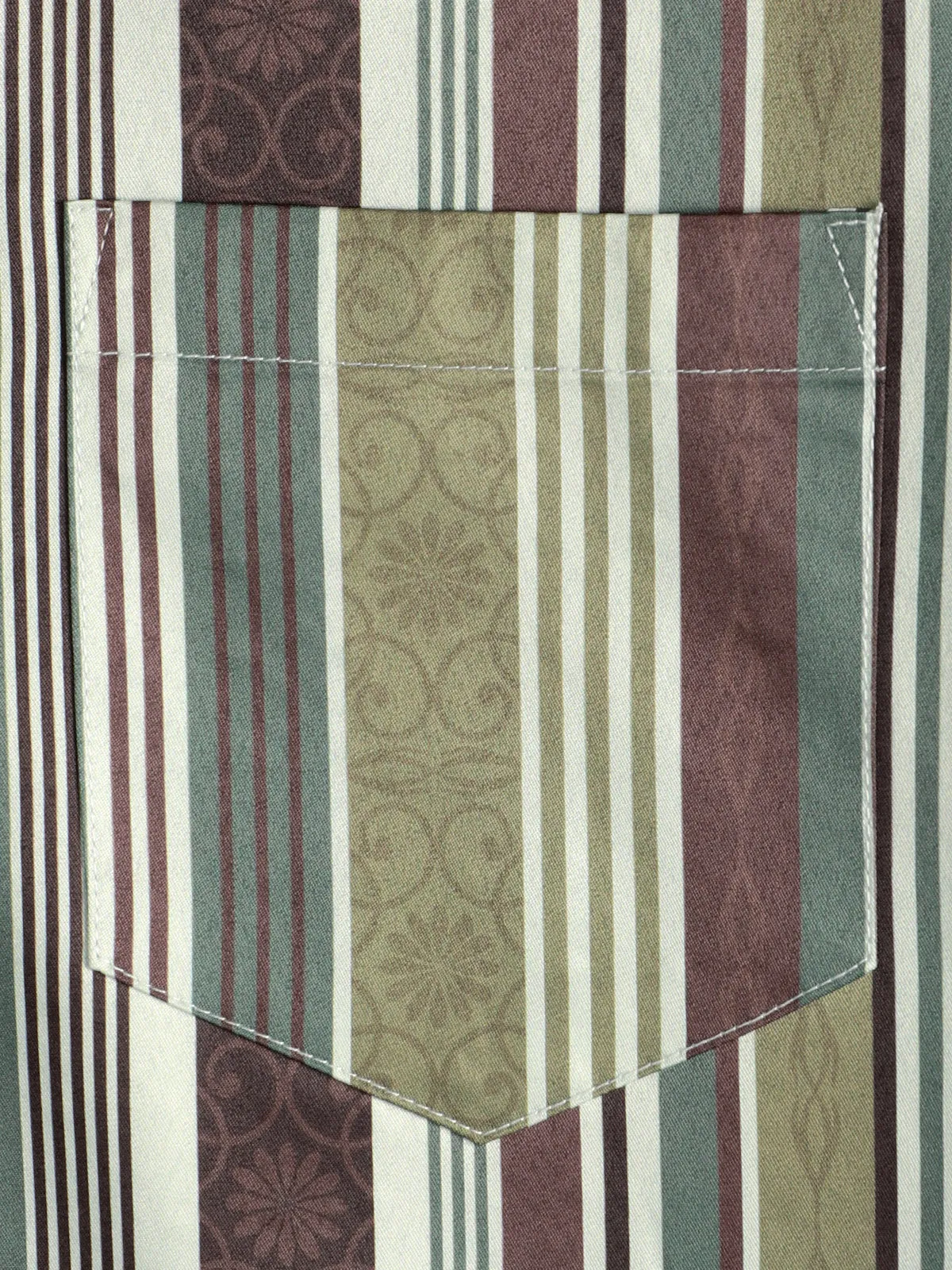 Men's Vintage Green And Brown Vertical Striped Button Up Pocket Short Sleeve Shirt