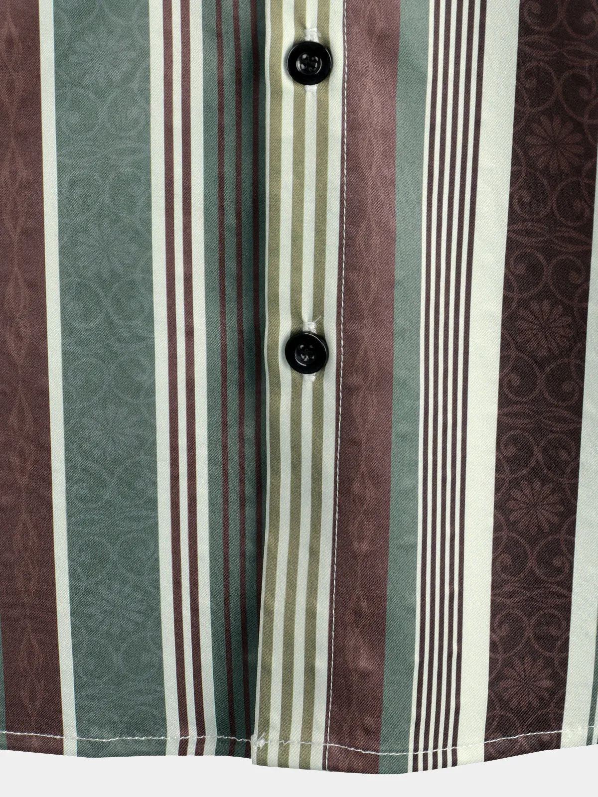 Men's Vintage Green And Brown Vertical Striped Button Up Pocket Short Sleeve Shirt