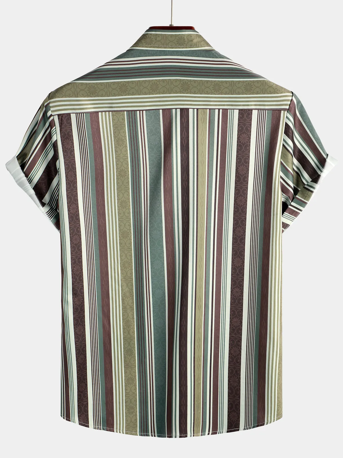 Men's Vintage Green And Brown Vertical Striped Button Up Pocket Short Sleeve Shirt