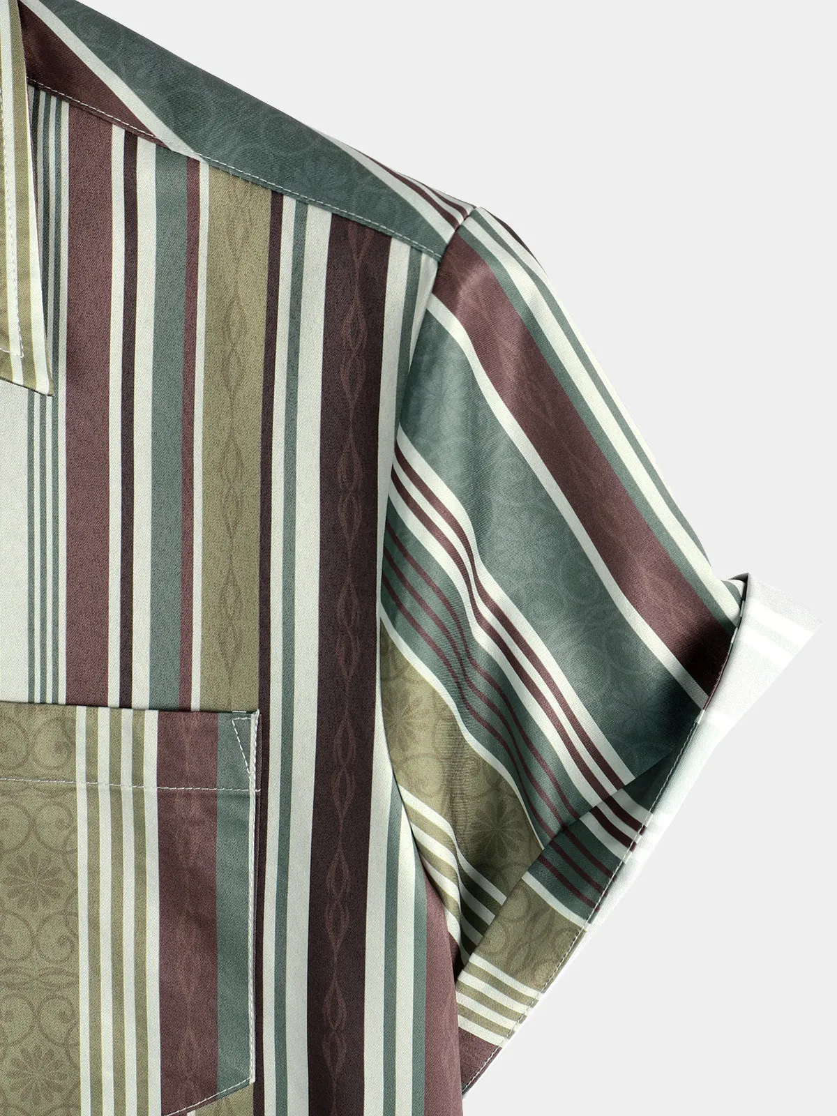 Men's Vintage Green And Brown Vertical Striped Button Up Pocket Short Sleeve Shirt