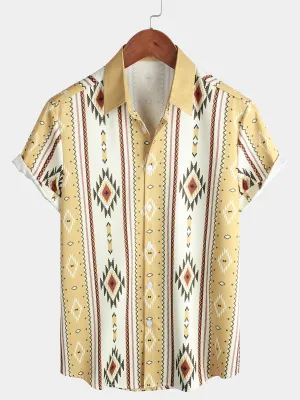 Men's Vintage Vertical Striped Short Sleeve 70s Retro Aztec Print Button Up Shirt