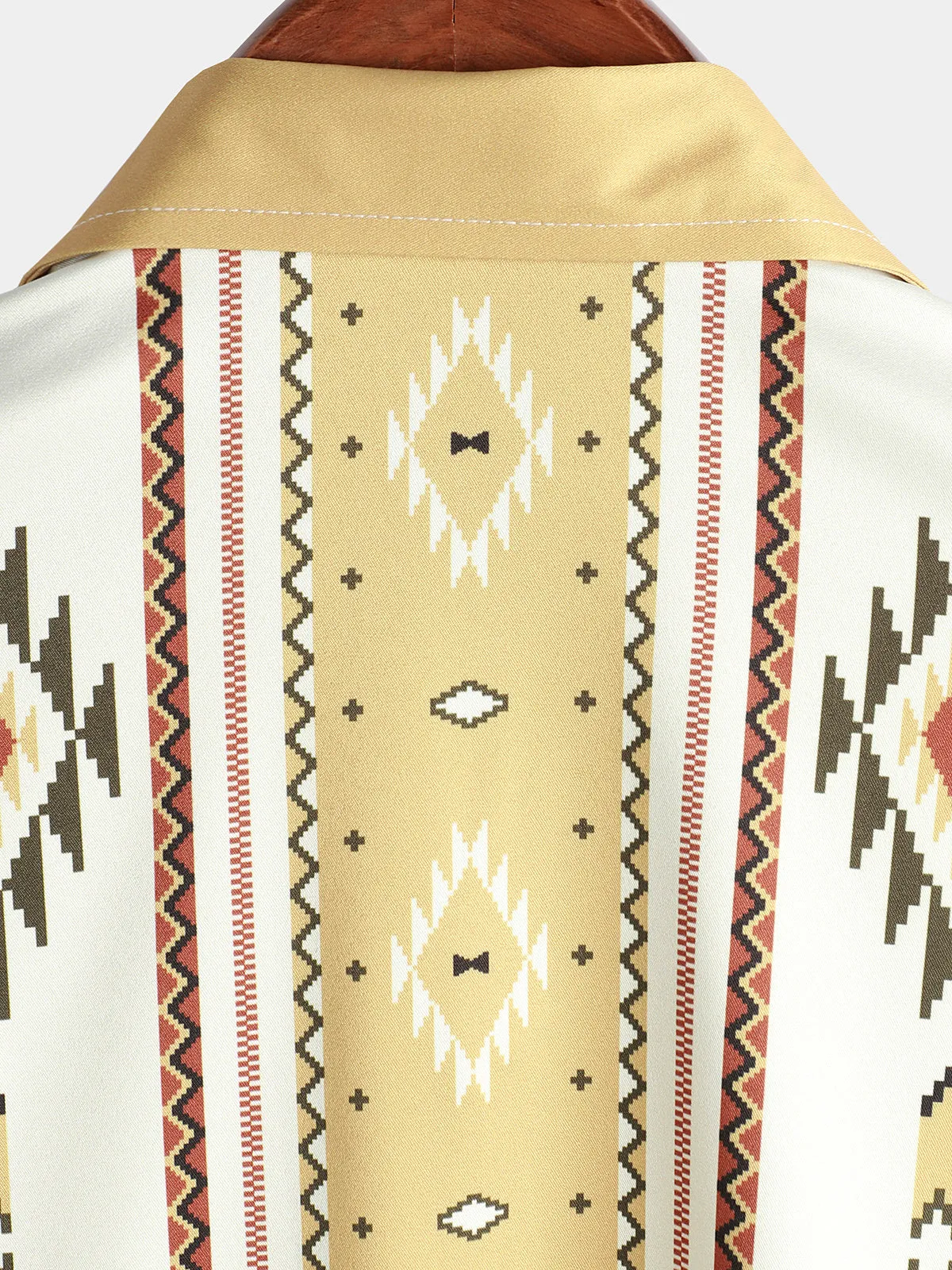 Men's Vintage Vertical Striped Short Sleeve 70s Retro Aztec Print Button Up Shirt