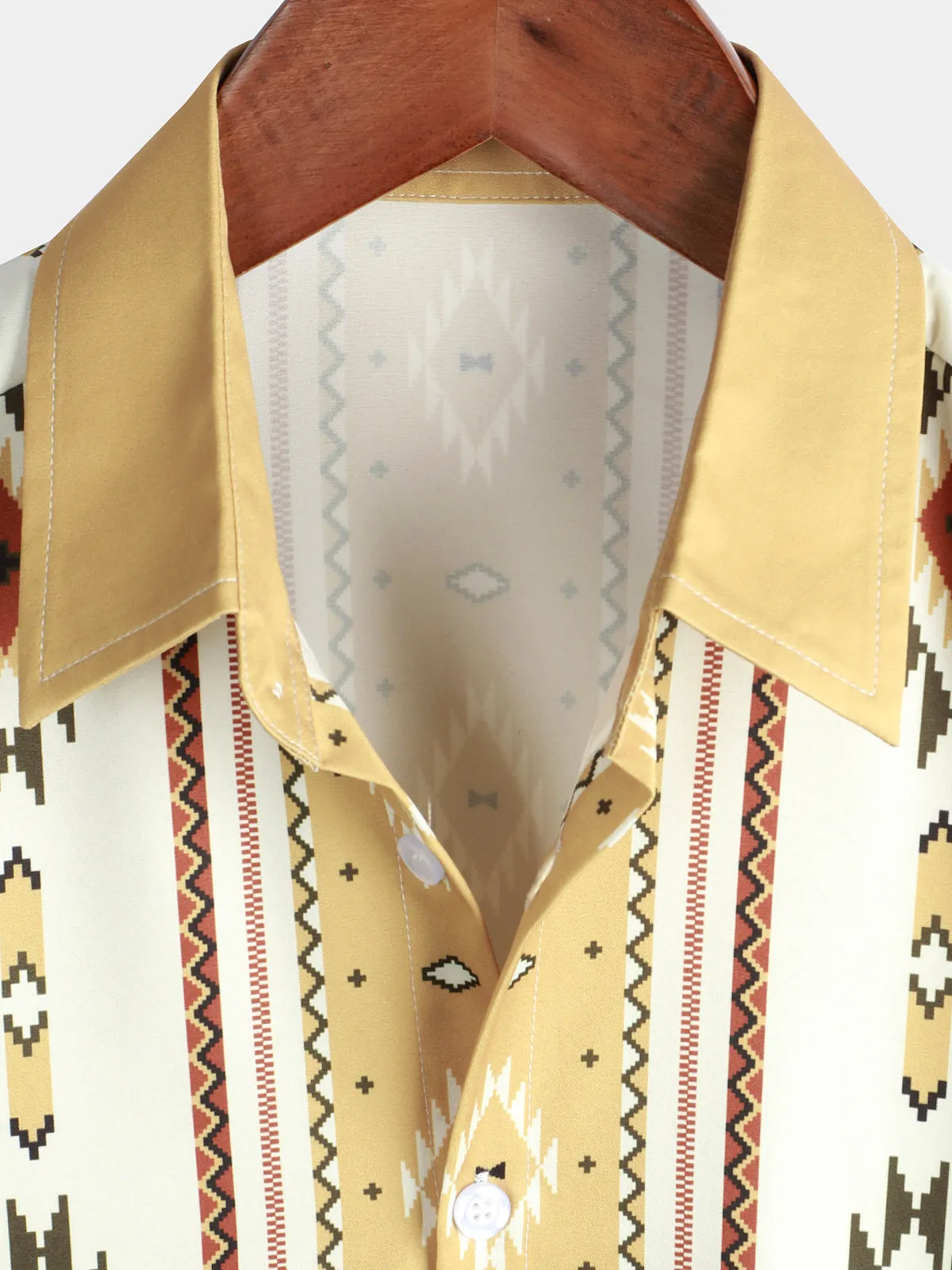 Men's Vintage Vertical Striped Short Sleeve 70s Retro Aztec Print Button Up Shirt