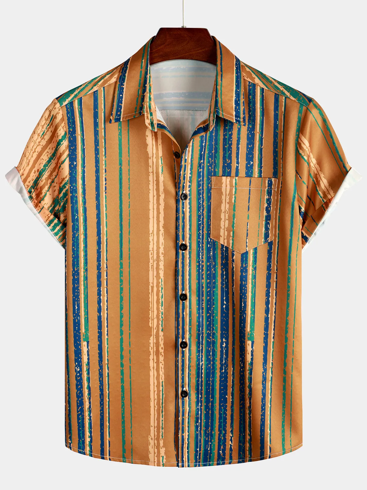 Men's Vintage Yellow And Blue Vertical Striped Button Up Pocket Short Sleeve Shirt