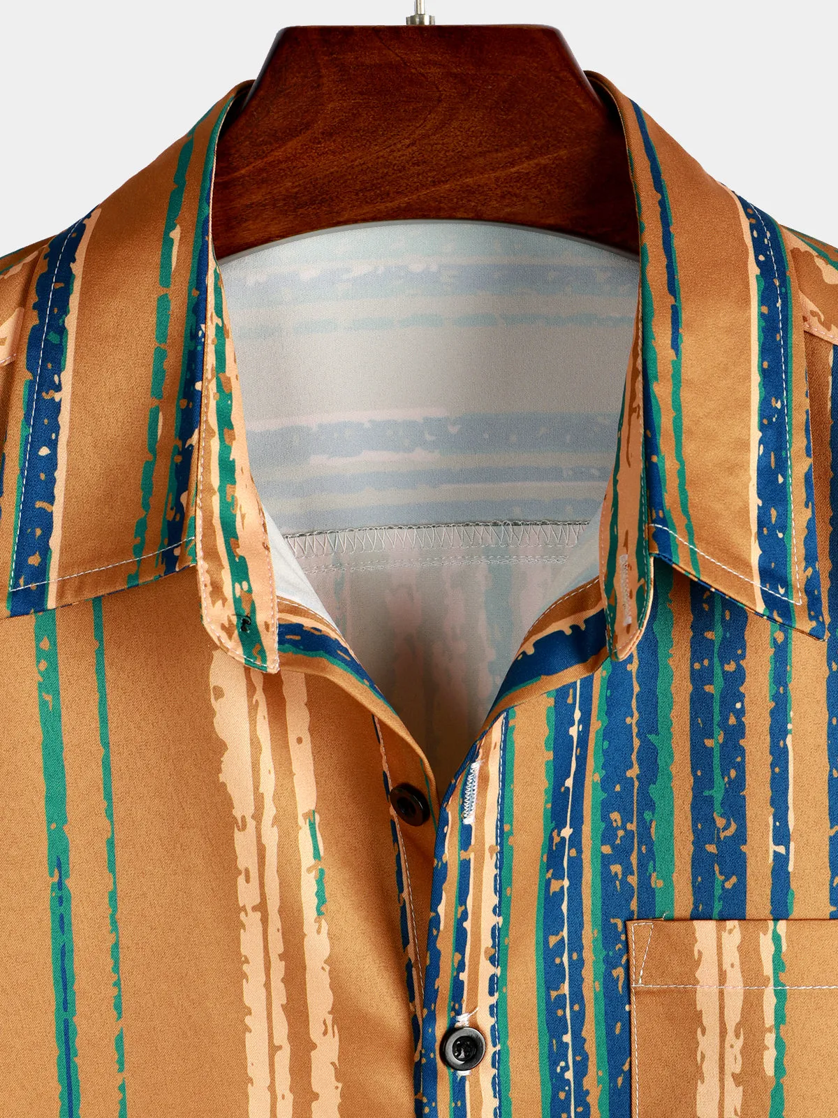 Men's Vintage Yellow And Blue Vertical Striped Button Up Pocket Short Sleeve Shirt