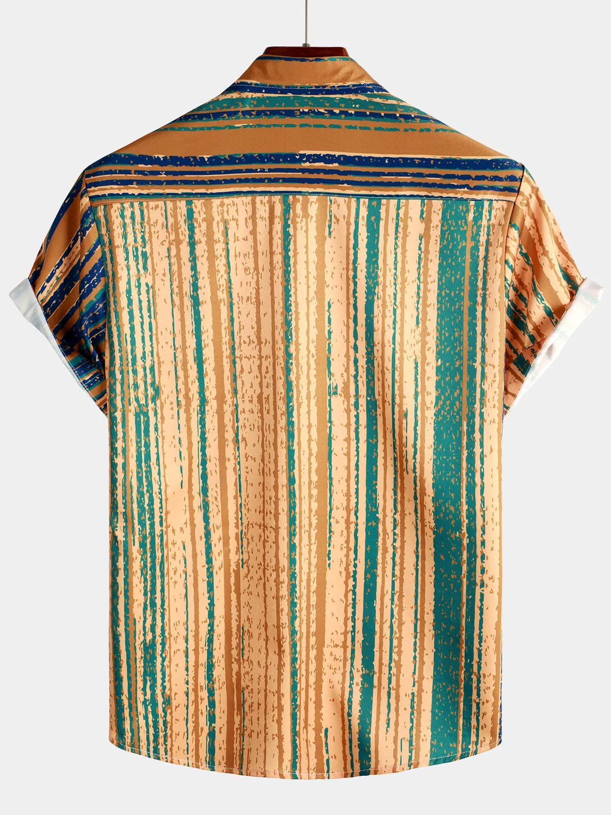 Men's Vintage Yellow And Blue Vertical Striped Button Up Pocket Short Sleeve Shirt
