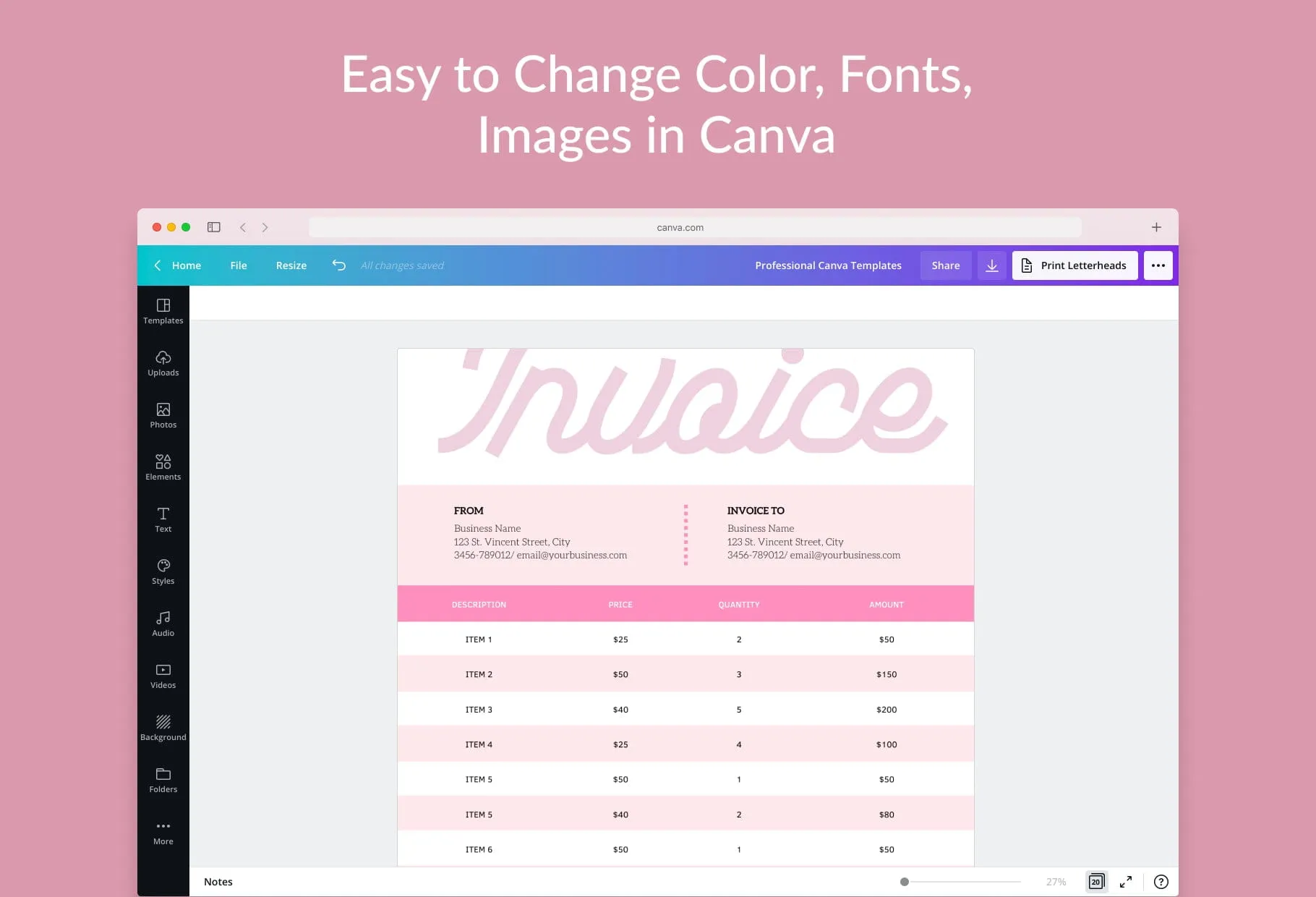 Mimi Pink Invoice Canva Template Printable and Editable
