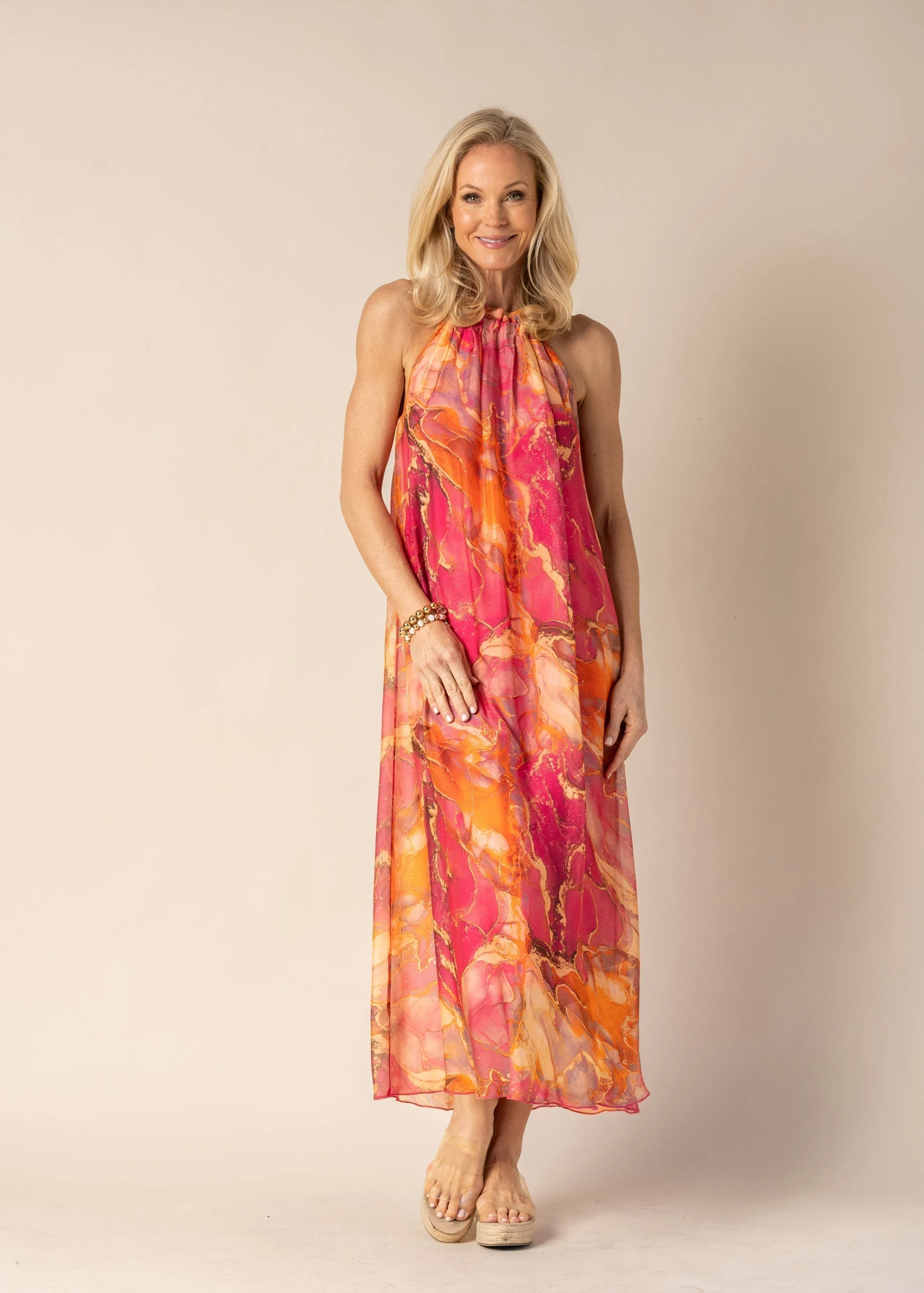 Minali Silk Dress in Sunset Orange