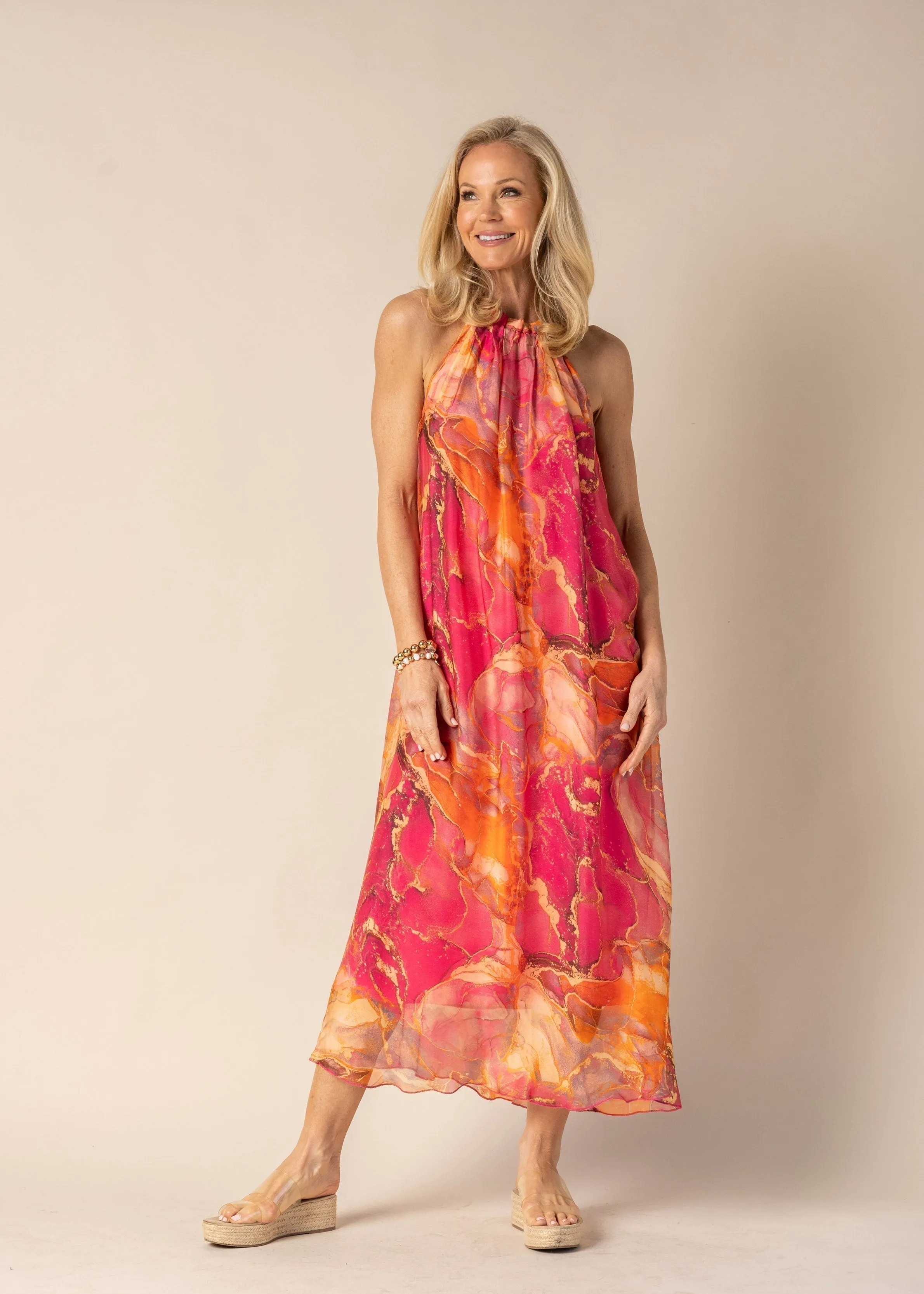 Minali Silk Dress in Sunset Orange