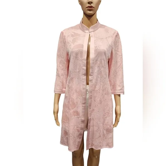 *Misook women's barbie pink knit floral open front long line cardigan Sz Small