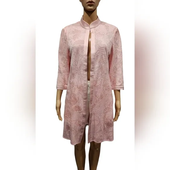 *Misook women's barbie pink knit floral open front long line cardigan Sz Small