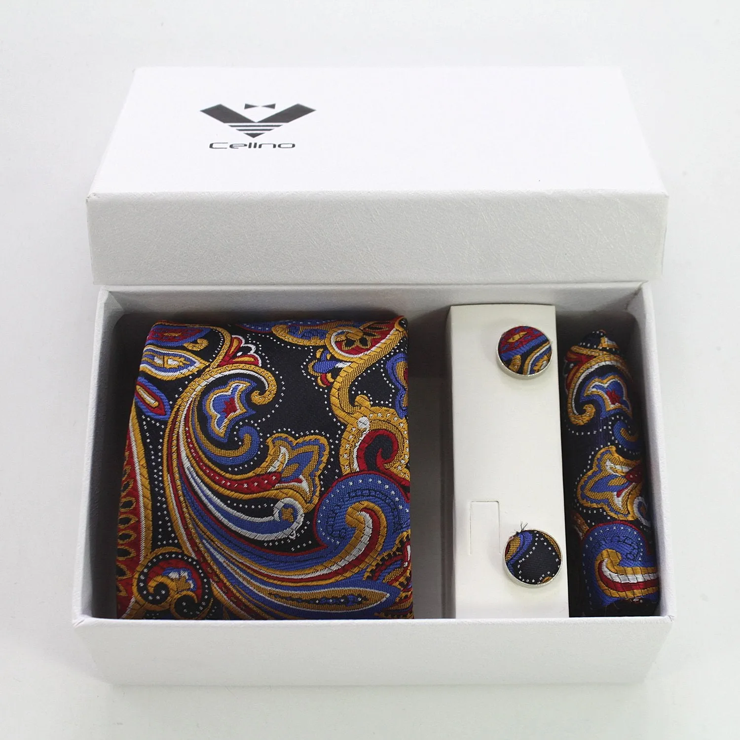 Multi Color Paisley Designer Silk Floral Necktie with Matching Cufflinks & Pocket Square Set for Men